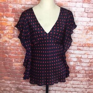Lauren Ralph Lauren Navy Blue and Red Polka Dot Silk Blouse